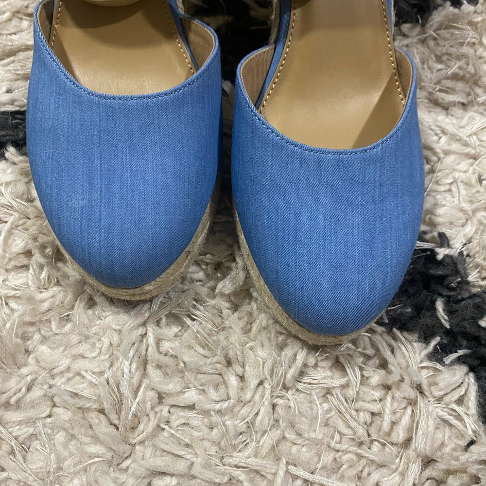 J.Crew Blue and Cream Knit Ankle Strap Espadrille Platform Wedges - Picture 8 of 10